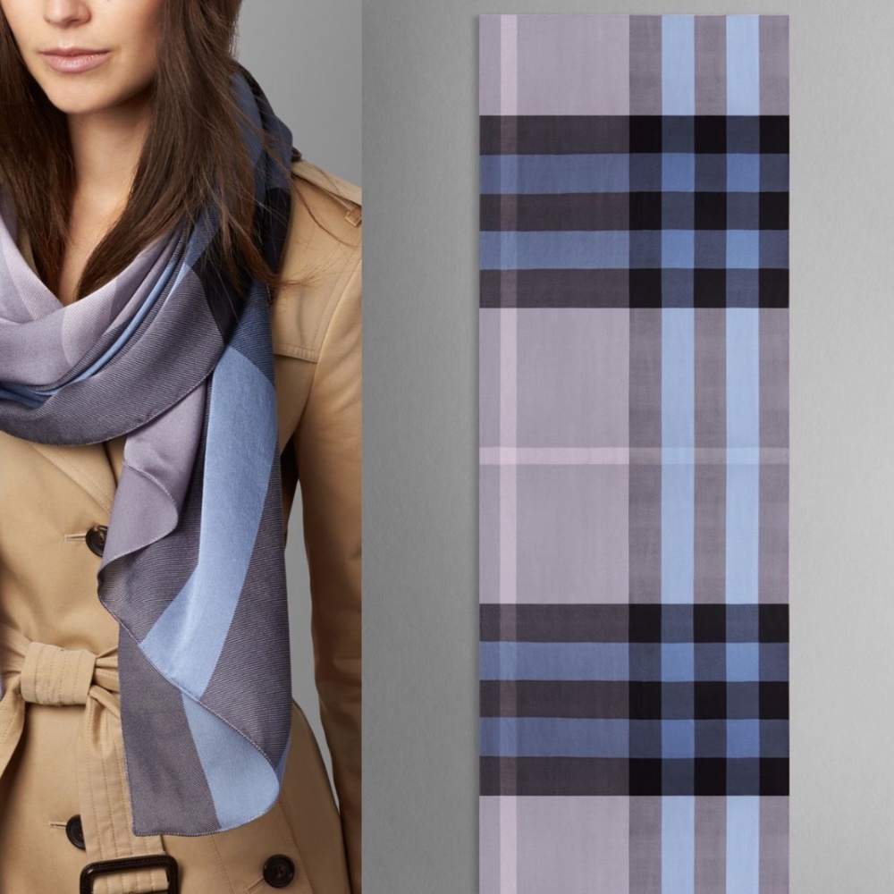 New Burberry Lightweight Check Large Blue Gray Black Check Silk Scarf Wrap